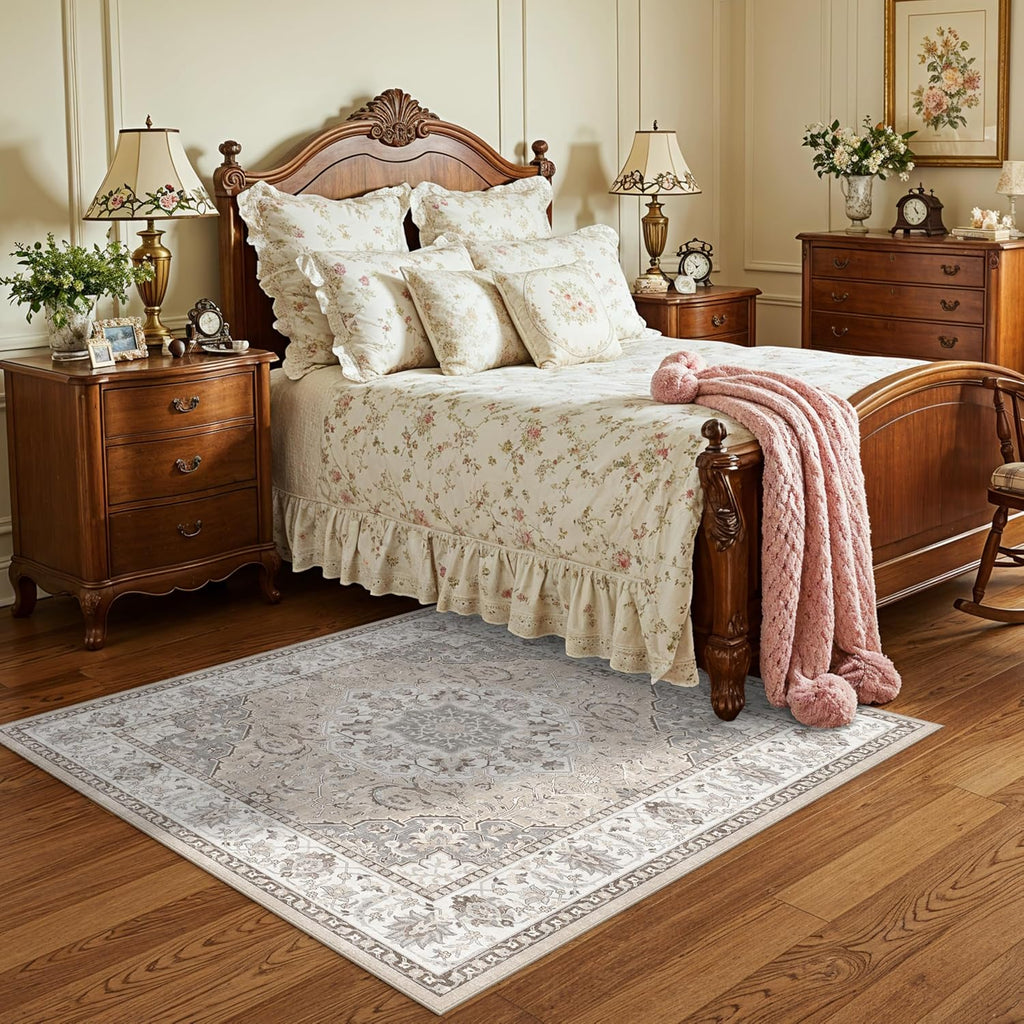 Skiennix Washable 5x5 Square Area Rug - Non-Slip, Stain-Resistant, Water-Resistant Beige Carpet for Indoor Use