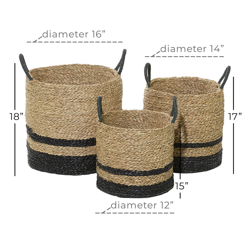 Deco 79 Seagrass Handmade Decorative and Functional Storage Basket Two-Toned Brown Basket Organizer with Handles, Set of 3 Basket for Storage 18", 17", 14"H, Black