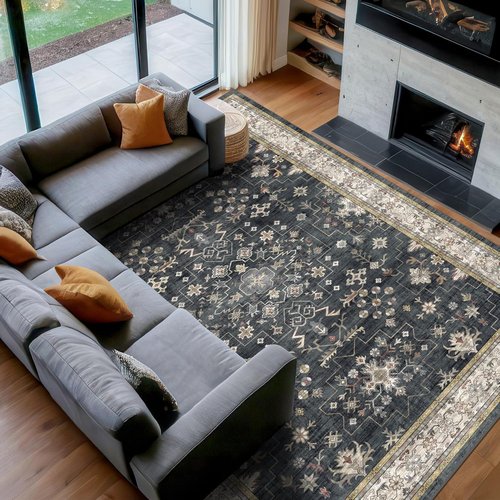 **Skiennix Black Boho Living Room Rug - Washable Vintage Low Pile Non-Slip Carpet | 5x7 Size for Indoor Decor**