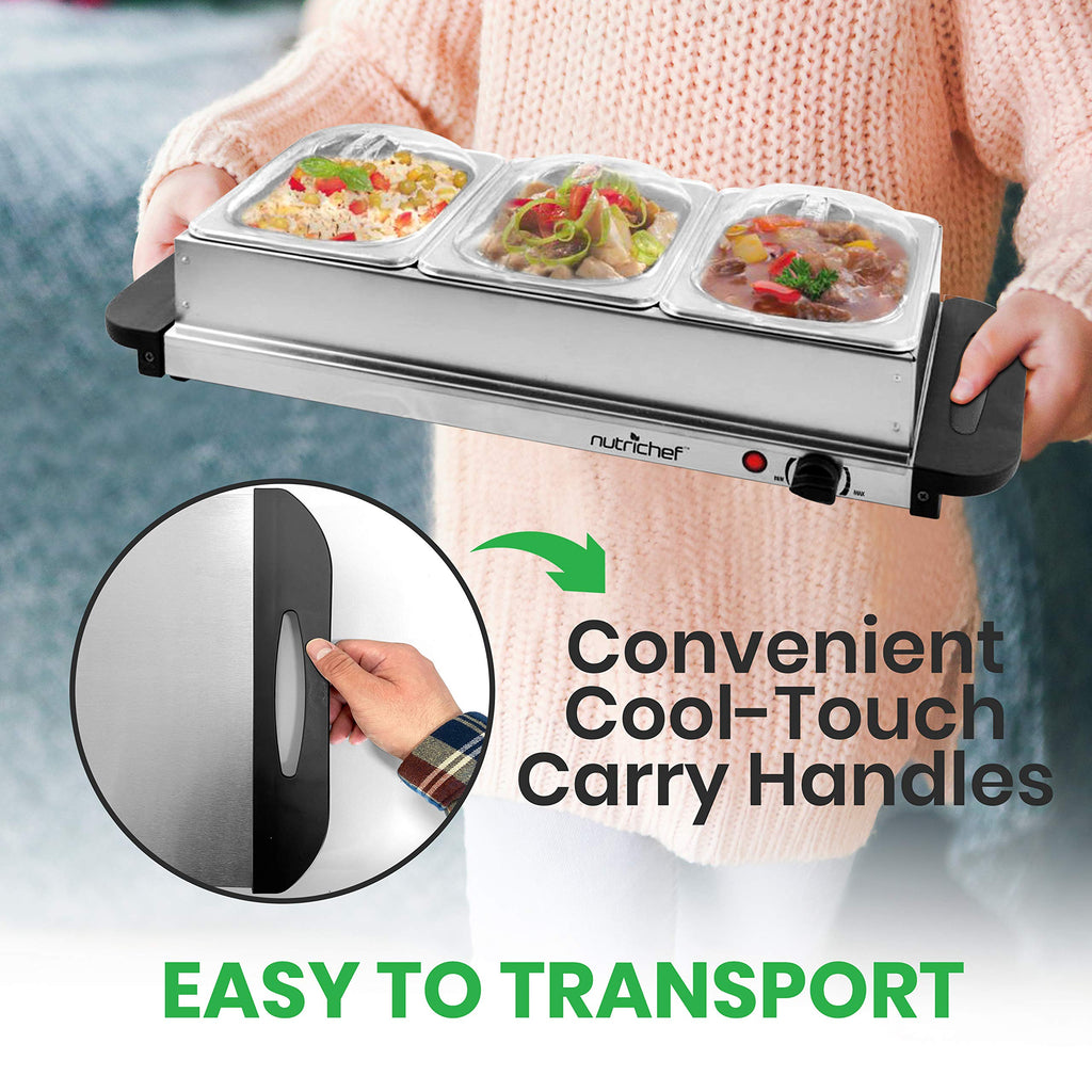 Nutrichef Professional Stainless Steel Buffet Warmer Server with 3 Trays - Portable Hot Plate Food Warmer Station for Parties & Events - Easy to Clean - 3 See-Through lids - Max Temperature 175F
