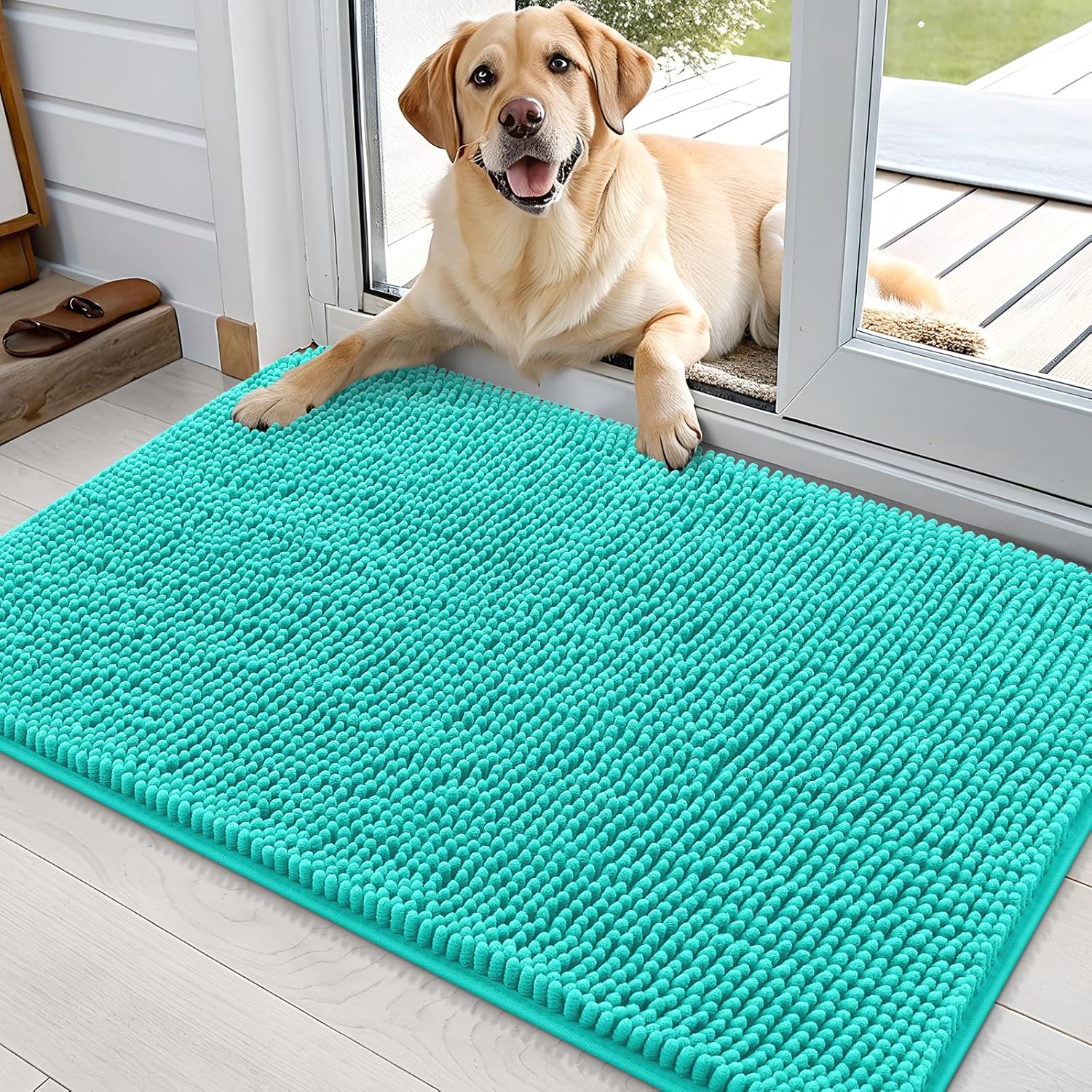 OLANLY Dog Door Mat - Absorbent Non-Slip Chenille Mat for Muddy Paws | 36x24 Teal Indoor Carpet