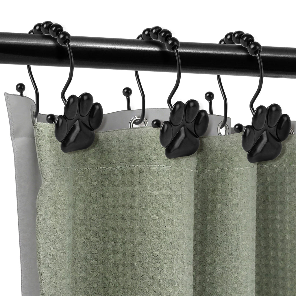 Sunlit Fashion Design Cute Paw Print Polished Double Shower Curtain Hooks for Dog Cat and Bear, Rust Proof Oil Metal Shower Curtain Rings, Black-12 Pack