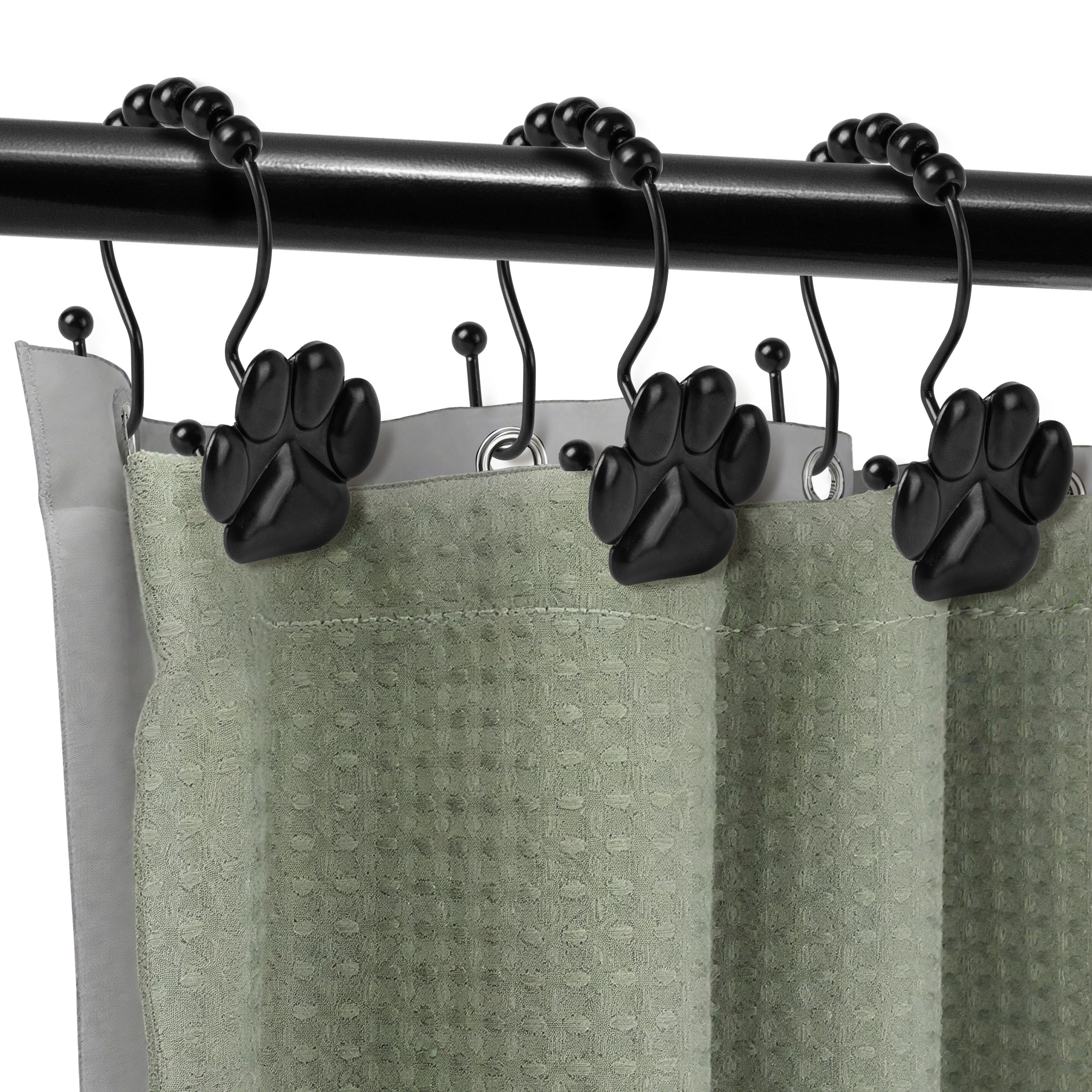 Sunlit Fashion Design Cute Paw Print Polished Double Shower Curtain Hooks for Dog Cat and Bear, Rust Proof Oil Metal Shower Curtain Rings, Black-12 Pack