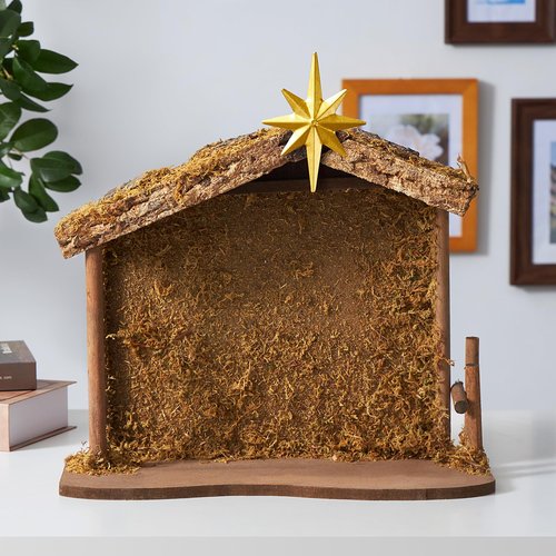 BESBLEE Wooden Nativity Stable 13.8''×11.8'' with Bethlehem Star, Fits 7-8'' Holy Family, Christmas Indoor Creche Home Desk Decor, No Figures