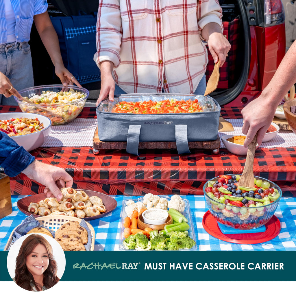 Rachael Ray Lasagna Lugger, Thermal Insulated Casserole Carrier for Hot or Cold Food, Lugger Tote for Potluck, Parties, Picnic, and Cookouts, Fits 9" x 13" Baking Dish, Slate Stripe