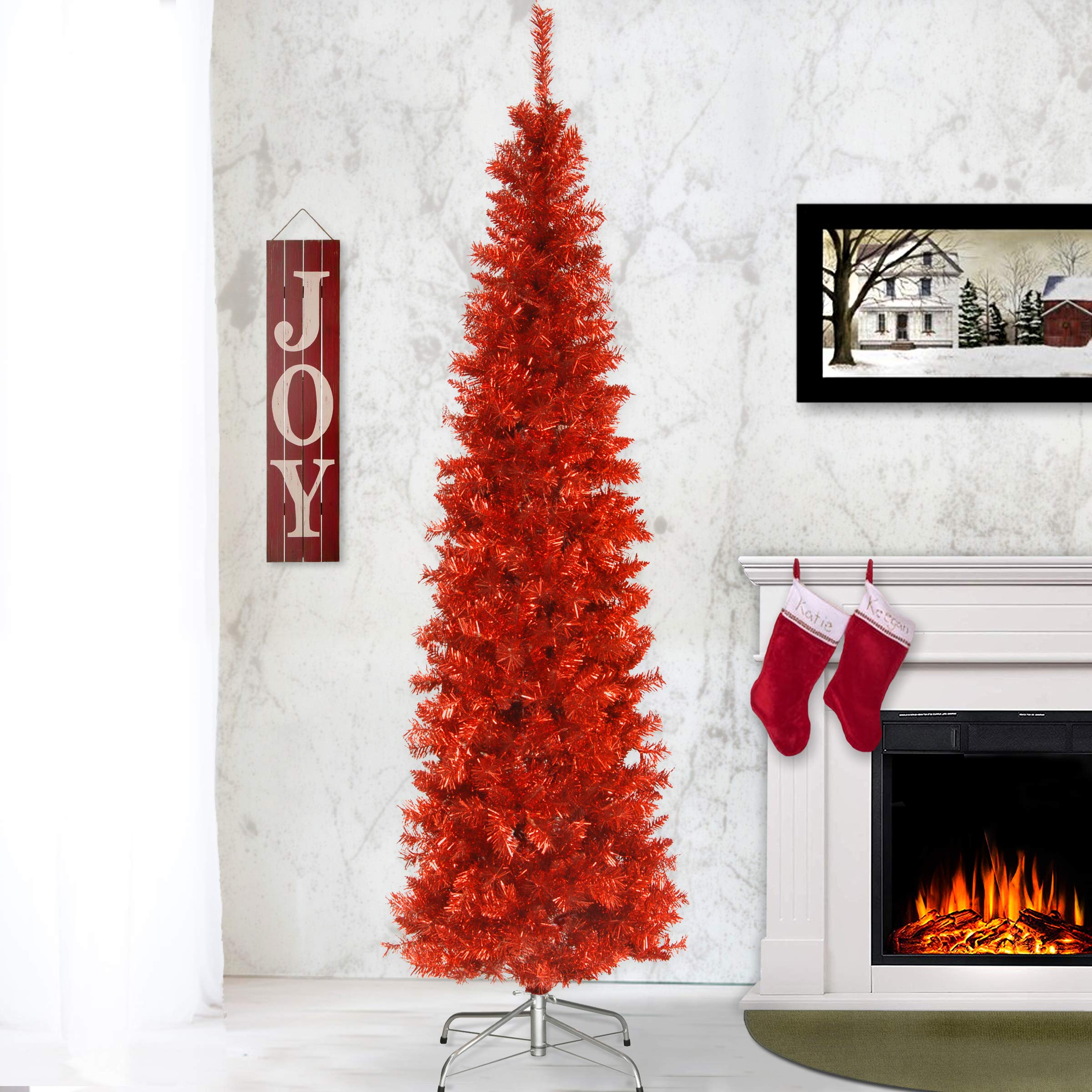 National Tree Company Artificial Christmas Tree, Red Tinsel, Includes Stand, 6 feet