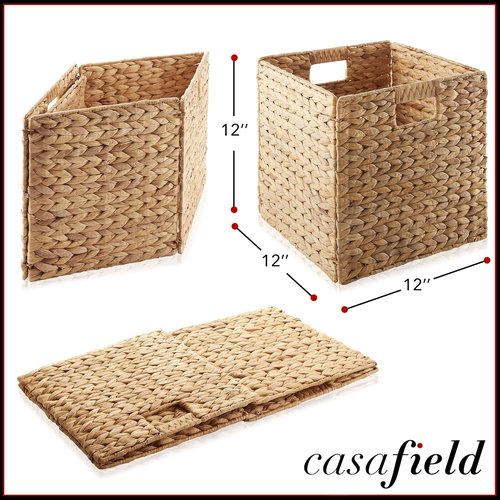 Casafield Water Hyacinth Storage Baskets - Set of 4 Collapsible 12" x 12" Woven Organizers for Home