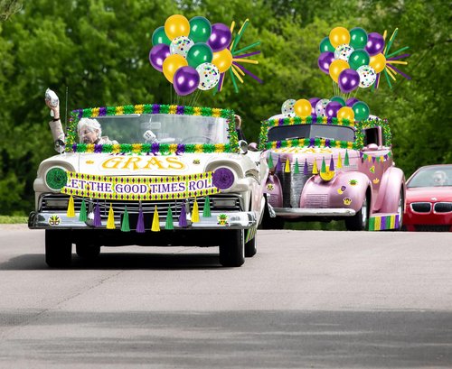 54Pcs Mardi Gras Float Parade Car Decorations Kit - Purple Green Gold Tinsel Garlands Banners Balloons for Vehicle Carnival Party Decor