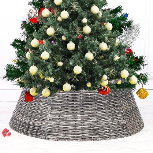 Vencer 26.5''Christmas Tree Collar, Plastic Rattan Xmas Tree Skirt,Rustic Decorations,Tree Skirt Base for Christmas Tree Decorations,Grey,VTO-039