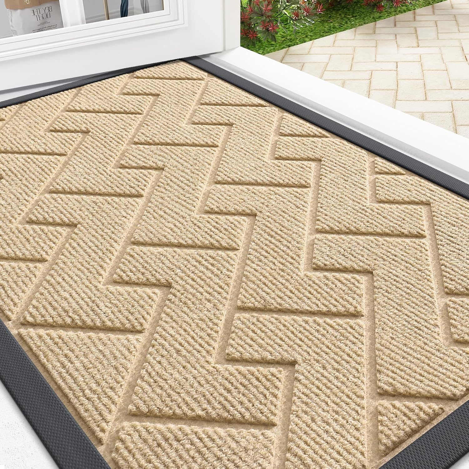 OLANLY Waterproof Front Door Mat - All-Season Indoor/Outdoor Doormat | Sturdy Natural Rubber, Herringbone Brick (Beige, 36x24)