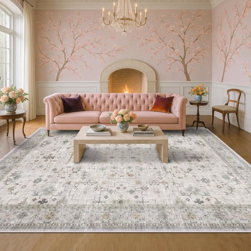 Hazo Haus Boho Living Room Rug - Light Grey Floral Design | 10x14 Washable Non-Slip Area Rug