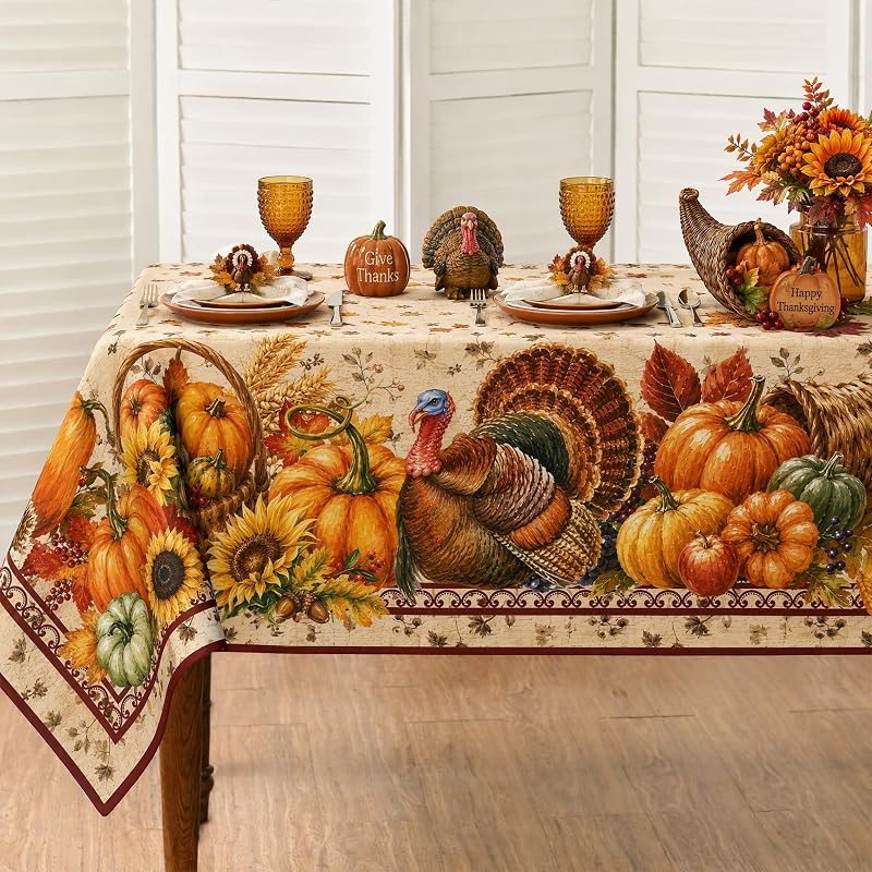 Thanksgiving 54x54 Inch Square Tablecloth – Vintage Harvest Border, Waterproof Spun Polyester