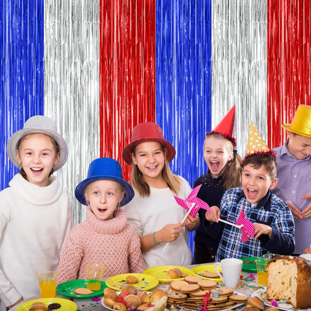 Patriotic Tinsel Backdrop by [Brand Name] - 12 Pack Metallic Blue, Silver & Red Fringe Curtains | 3.28 FT x 7.05 FT Independence Day Party Decor