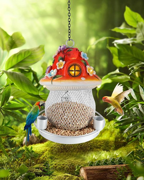 iStatue Solar Bird Feeder - 9.5'' Large Hummingbird Feeder with Resin Mushroom & Cardinal Flowers | Outdoor Garden Decor (Red)