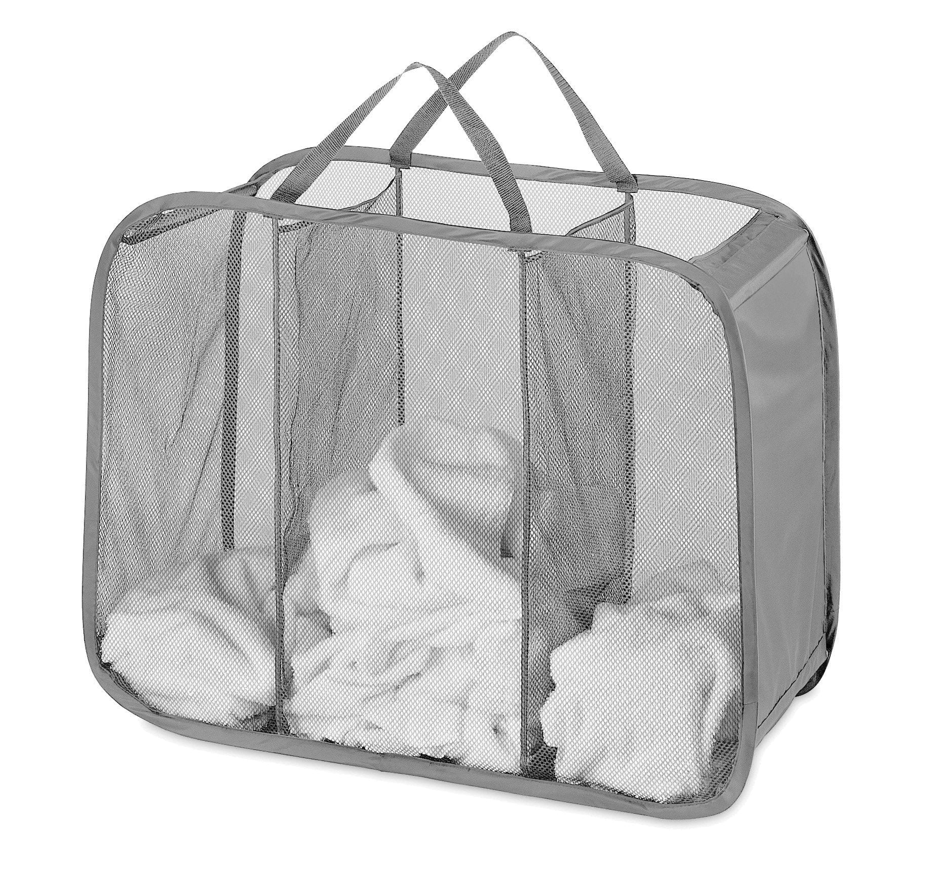 Whitmor Mesh Popup Laundry Hamper 3 Compartment Sortable Horizontal Collapsible Laundry Basket for Clothes Laundry Room Bedroom