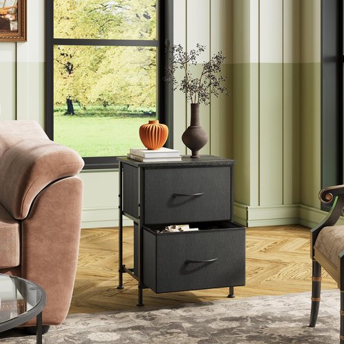 WLIVE Black Night Stand, Small Dresser with 2 Drawers & Wooden Top, Nightstand with Fabric Bins, Bedside Table End Table for Bedroom, Closet, Entryway, College Dorm, Charcoal Black