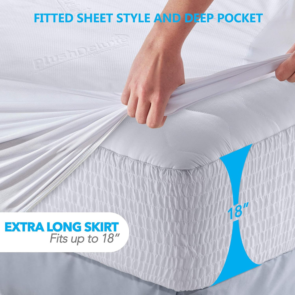 PlushDeluxe Premium Bamboo Mattress Protector - Waterproof, Ultra Soft & Noiseless Twin XL Cover - White
