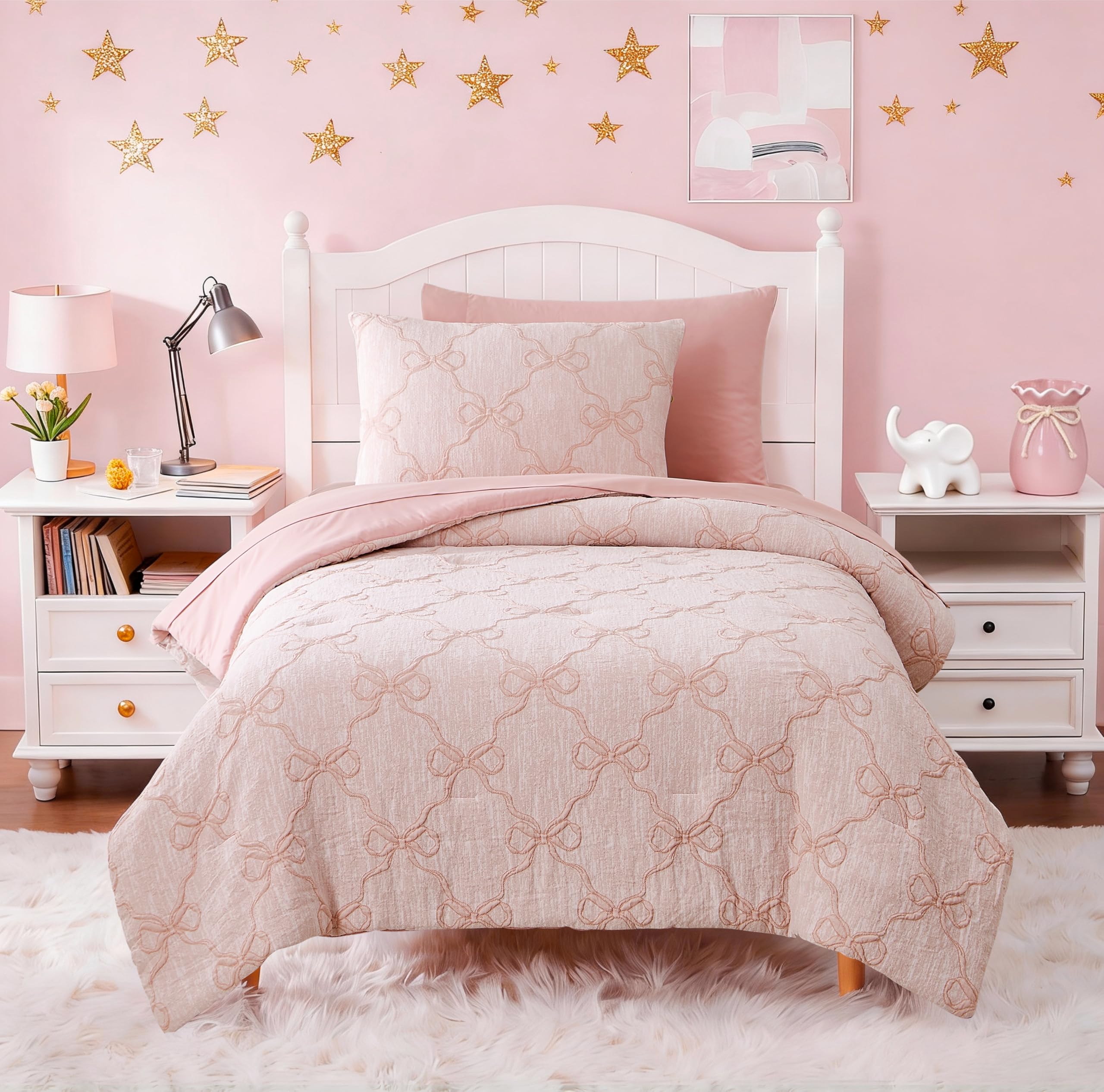 Wink Deer Twin Comforter Set with Sheets for Girls-5 Pieces Twin Bedding Sets with Pink Comforter, Sheets, Pillowcase & Sham for Kids (Pink Diamond, 66" X 86")