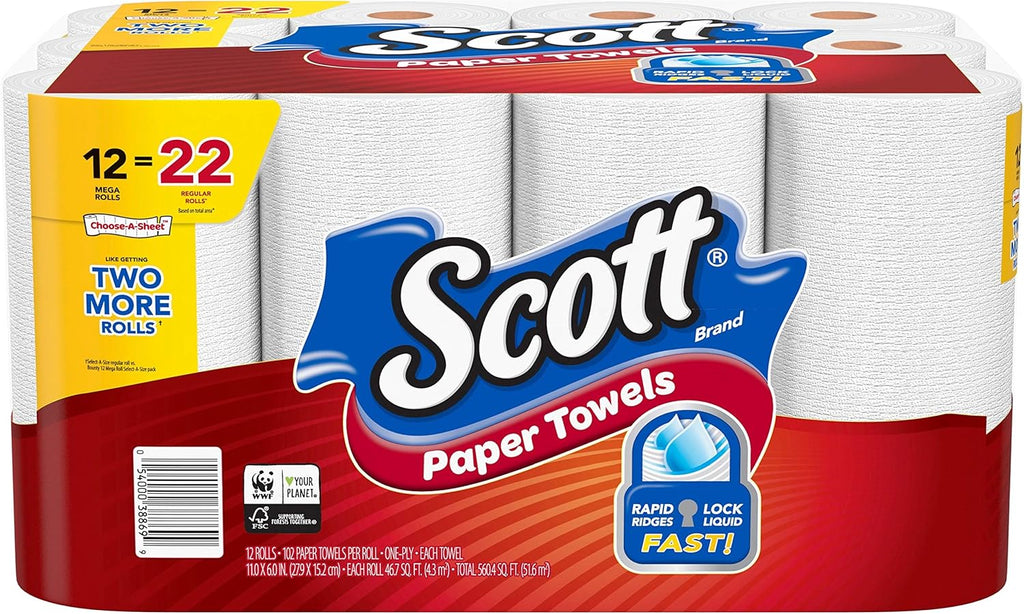 Scott Paper Towels - Choose-A-Sheet Mega Rolls | 12 Rolls = 22 Regular Rolls (102 Sheets Each)