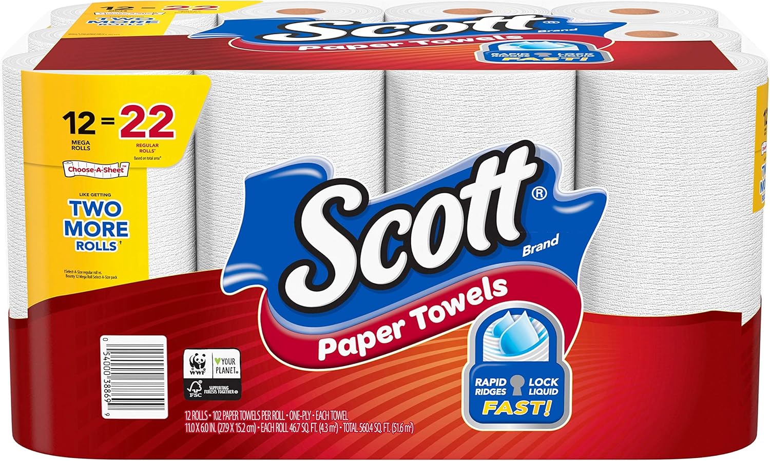 Scott Paper Towels - Choose-A-Sheet Mega Rolls | 12 Rolls = 22 Regular Rolls (102 Sheets Each)