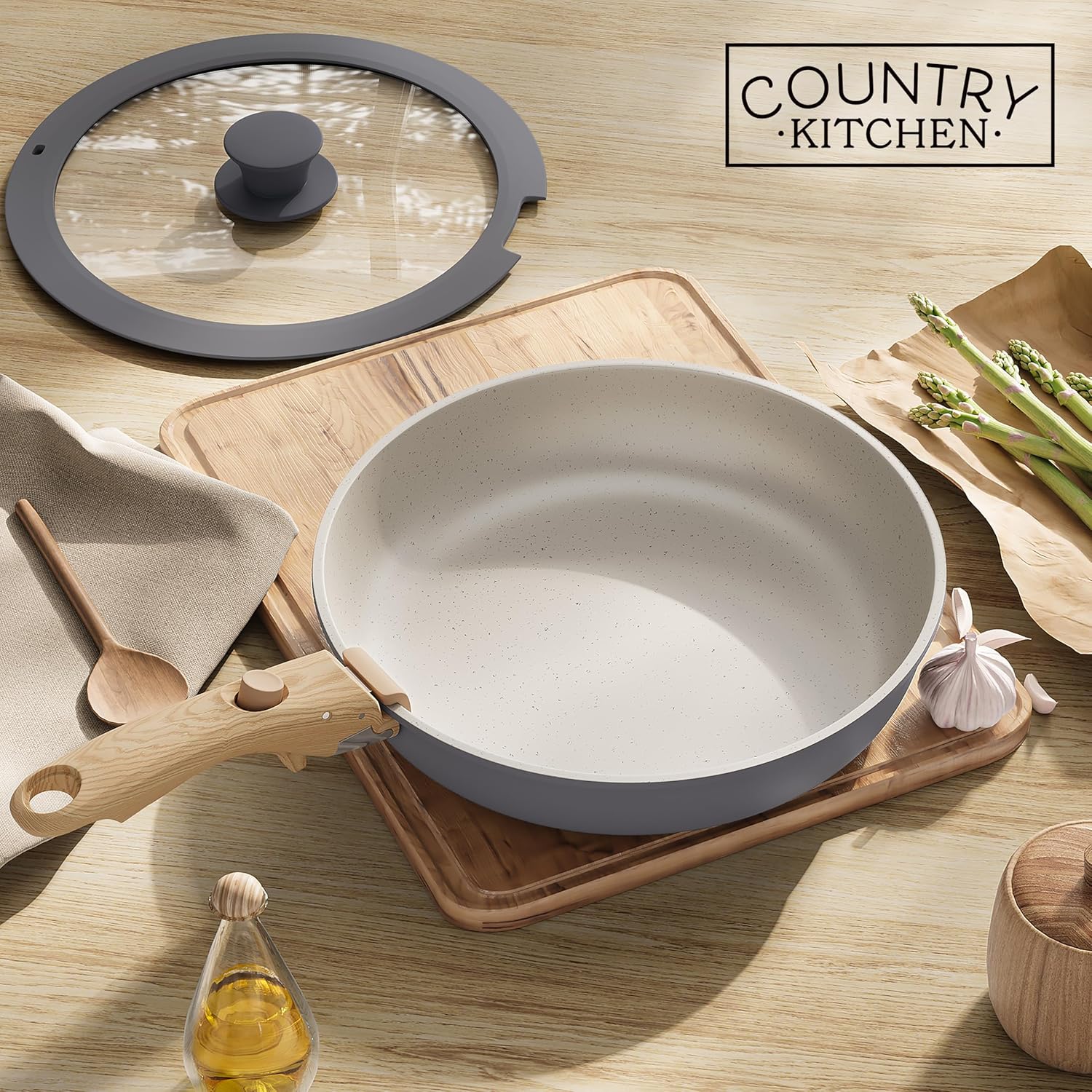 Country Kitchen Cookware Set - Removable Handle, Oven & RV Safe Pots and Pans, Grey/Ivory Wood Handle