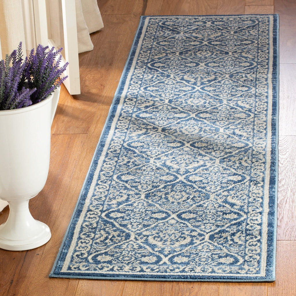 SAFAVIEH Brentwood Collection 2' x 8' Navy / Light Grey BNT870M Oriental Damask Trellis Non-Shedding Living Room Entryway Foyer Hallway Bedroom Runner Rug