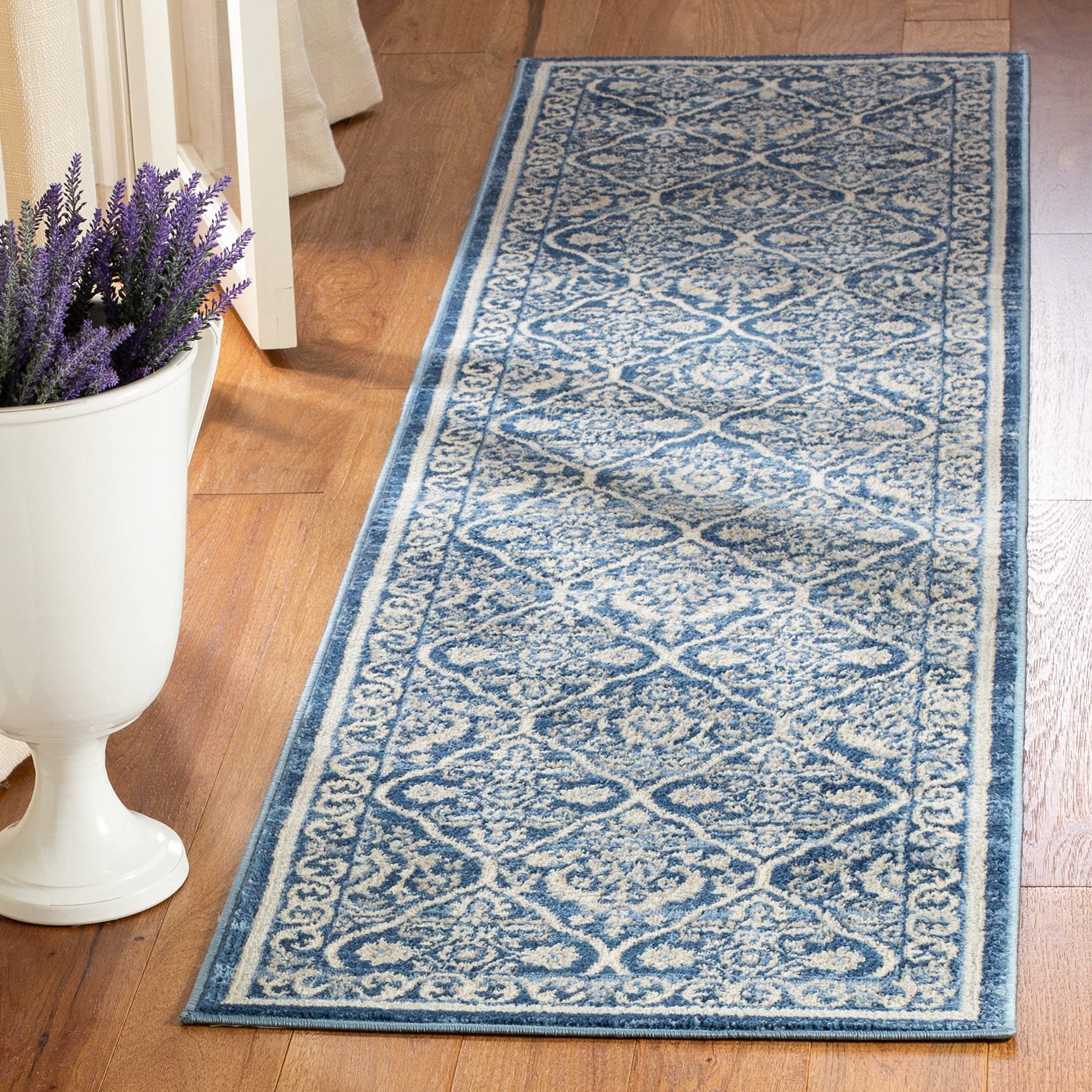 SAFAVIEH Brentwood Collection 2' x 8' Navy / Light Grey BNT870M Oriental Damask Trellis Non-Shedding Living Room Entryway Foyer Hallway Bedroom Runner Rug