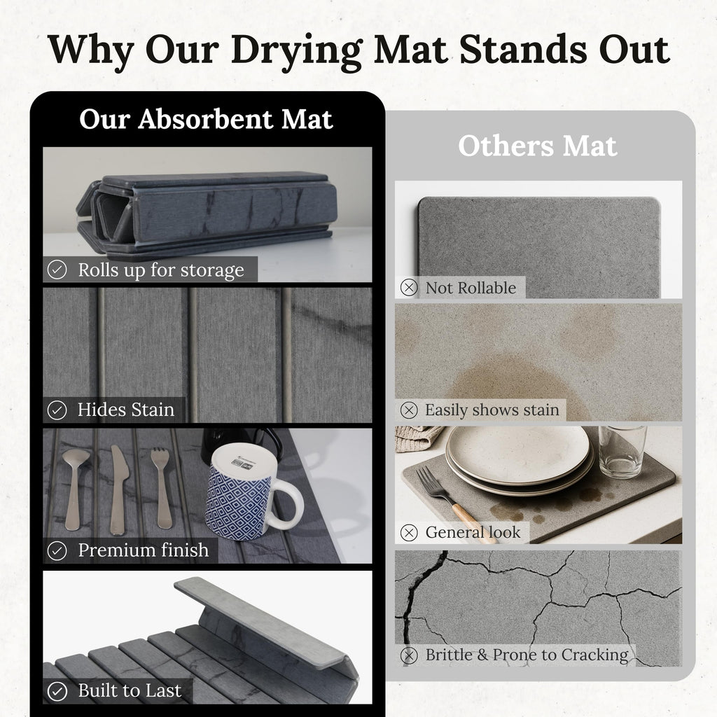 Large Stone Dish Drying Mat for Kitchen Counter 23.5”x 15.25” – Elegant Marbled-Inspired Surface Quick-Dry Absorbent Diatomaceous Earth - Multi-Use & Kitchen Mat for Dishes & Bottle Cups (Dark Gray)