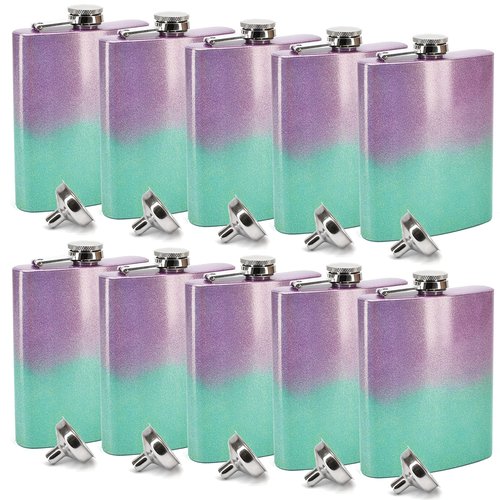 Clear Water Home Goods - 8 oz Mermaid Holographic Glitter Sparkle Stainless Steel Hip Flask w/Funnel - Wedding Party - Groomsman - Bridesmaid (10 Pack)