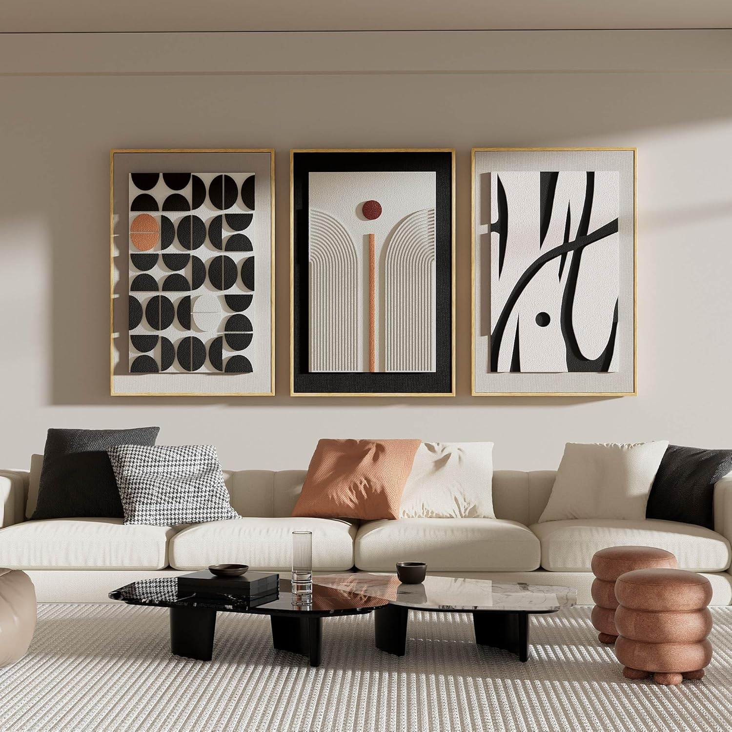 Skiennix 3D Textured Framed Abstract Wall Art - Modern Boho 3-Piece Set for Living Room | 24x36 In