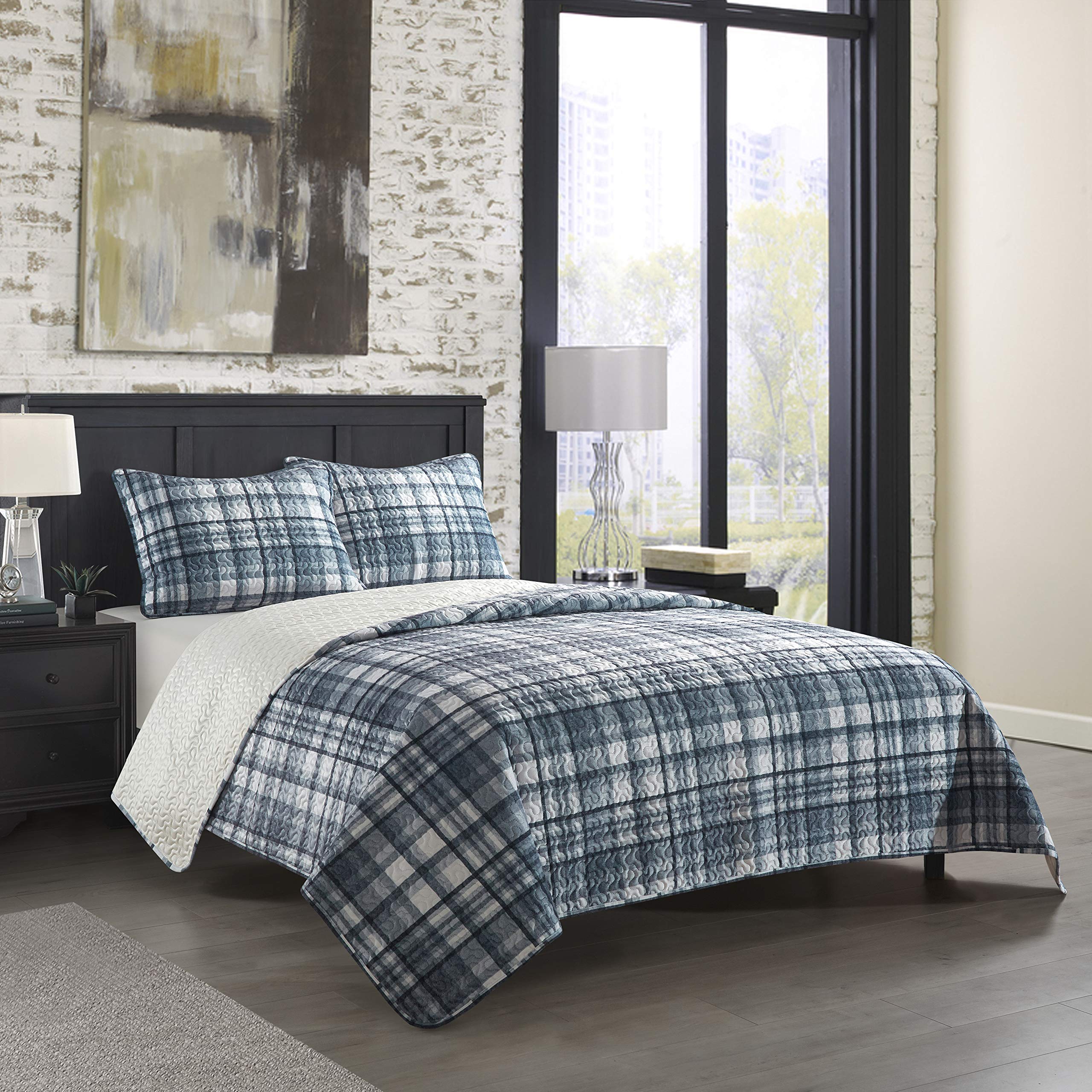 Dearfoams Stone Lane Plaid Micromink 3 Piece Quilt Set, King