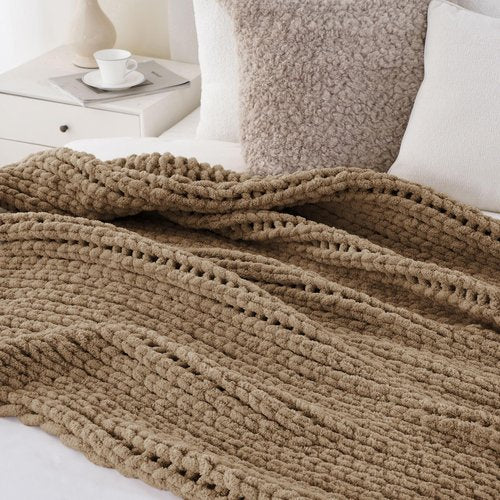 Battilo Beige Chunky Knit Throw Blanket, Soft and Thick Cream Chenille Throw Blanket, 50"x60" Handmade Cable Knit Crochet Blanket, Cozy Knot Knitted Throw Blankets for Couch Home Decor, Taupe