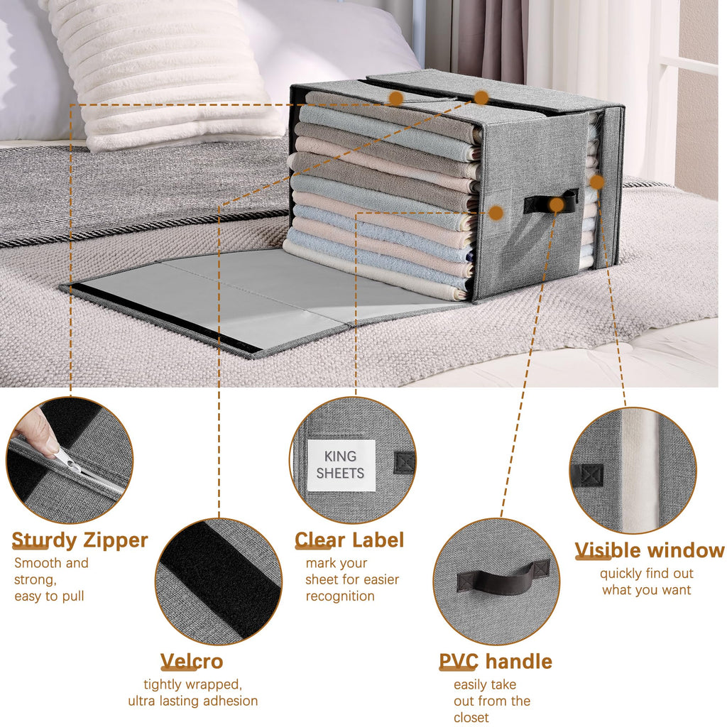 VECELO Bed Sheet Organizers and Storage, 2 IN 1 Foldable Sheet Organizer for Linen Closet with Window and Label, Bedding Storage Box for Blanket Queen and King Sheets Set Comforter Pillow, 2 Pack
