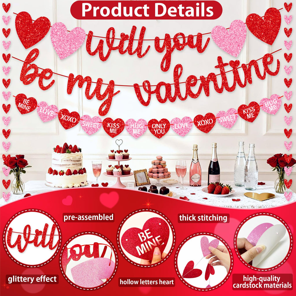 Valentines Day Decorations, No DIY Glitter Red Pink Will You Be My Valentine Banner Hollowed Conversation Heart Banner Heart Garlands String for Valentines Home Mantle Wall Office Decor Supplies
