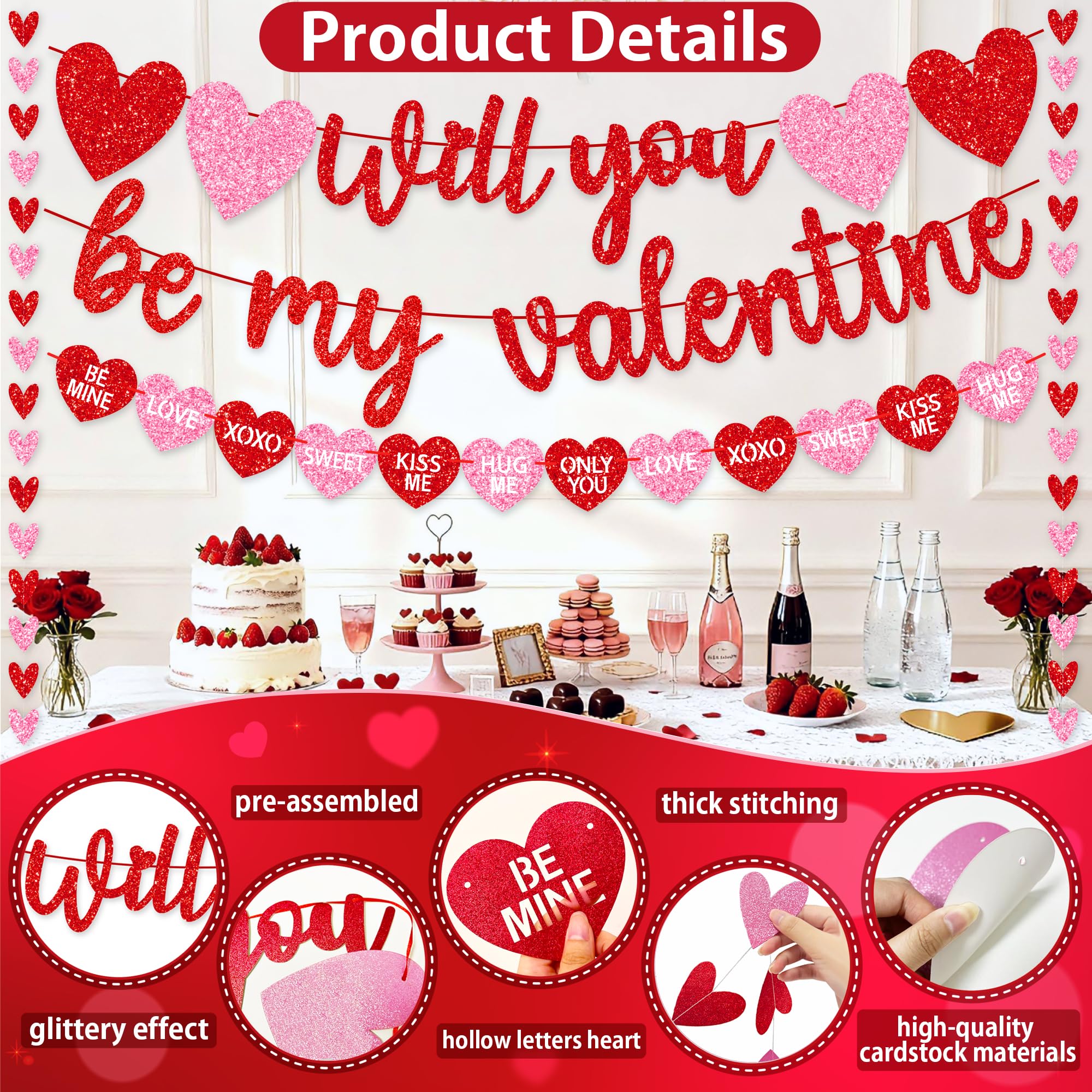 Valentines Day Decorations, No DIY Glitter Red Pink Will You Be My Valentine Banner Hollowed Conversation Heart Banner Heart Garlands String for Valentines Home Mantle Wall Office Decor Supplies