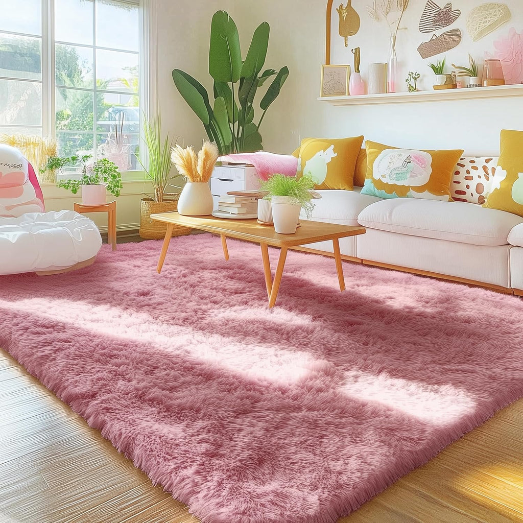 OLANLY Area Rugs - Soft Fluffy Shaggy Indoor Carpet for Living Room & Bedroom | 4x5.9 ft Pale Pink
