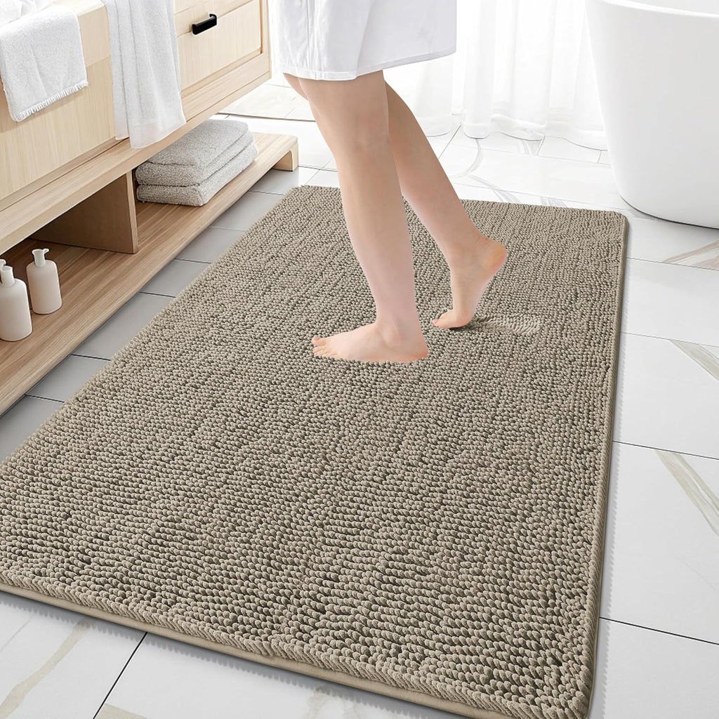 OLANLY Large Bathroom Rugs - Extra Soft Chenille Bath Mats | Quick Dry, Machine Washable, Warm Taupe 59x35