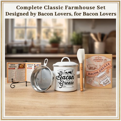 Ayerphalo Bacon Grease Container with Strainer - 46OZ Large Capacity, With Silicone Wooden Spatula, Enamel Bacon Grease Keeper for Bacon Drippings, Farmhouse Kitchen Decor, Dishwasher Safe