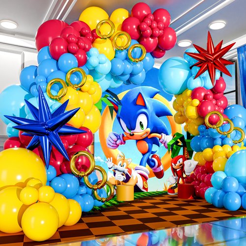 ALL-IN-1 Hedgehog Balloon Arch Kit with BONUS Rings & Starburst Balloons - Red Blue Yellow Balloons Garland for Cartoon Hedgehog Birthday Party Decorations & Party Supplies - Somic Party Decorations S