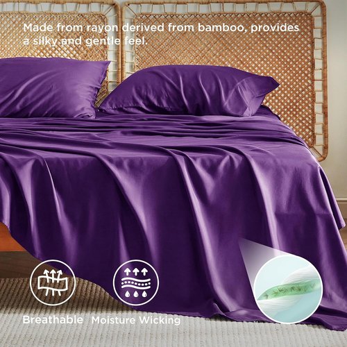 Bedsure Queen Sheet Set - Cooling Rayon From Bamboo | Breathable & Soft Hotel Luxury Bedding, Plum