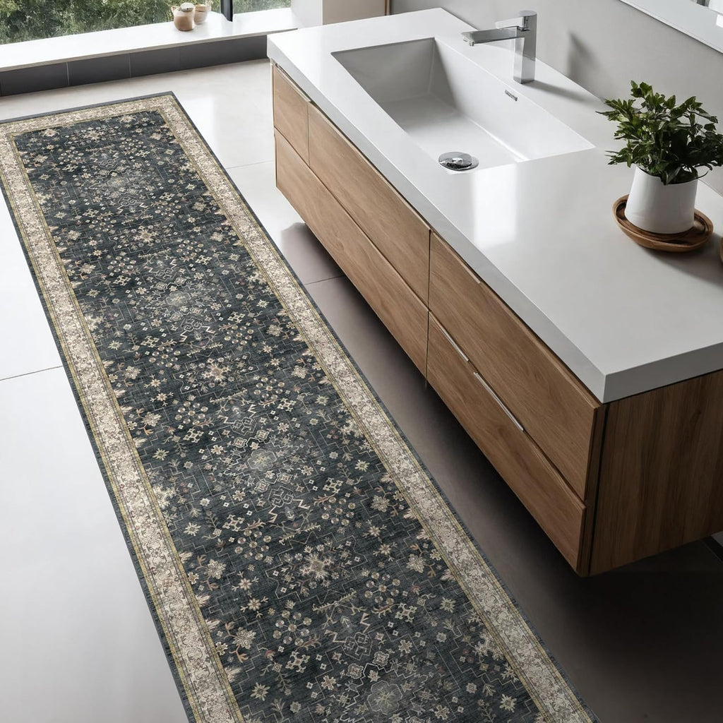 Skiennix Black Boho Washable Hallway Runner Rug - Extra Long Non-Slip Carpet for Kitchen, Bathroom & Entryway