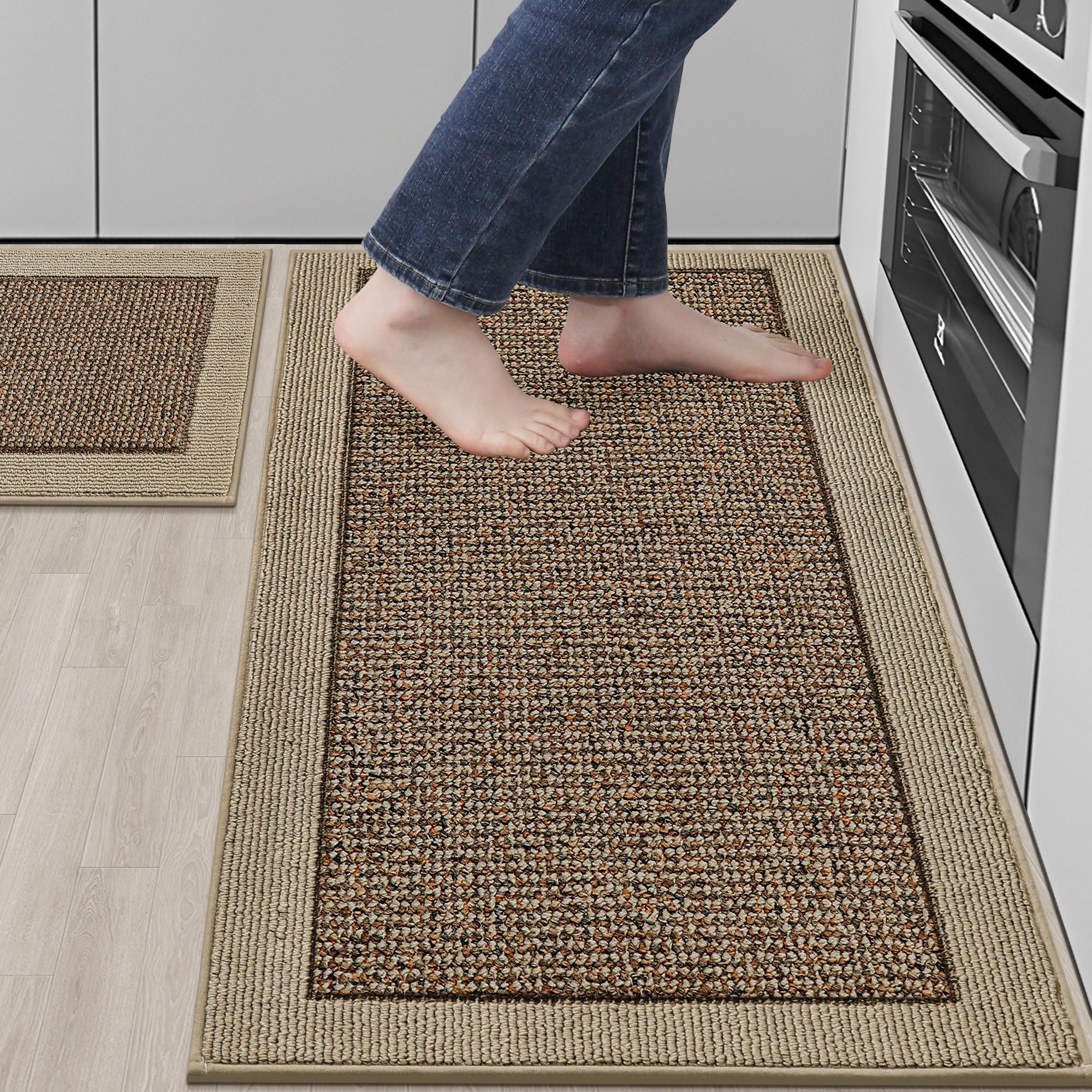 BEQHAUSE Kitchen Rugs and Mats Set of 2 Non-Slip Kitchen Mats for Floor, Absorbent and Stain Resistant Kitchen Runner, Machine Washable Rugs for Kitchen, Laundry & Sink, 20"x32"+20"x48", Taupe