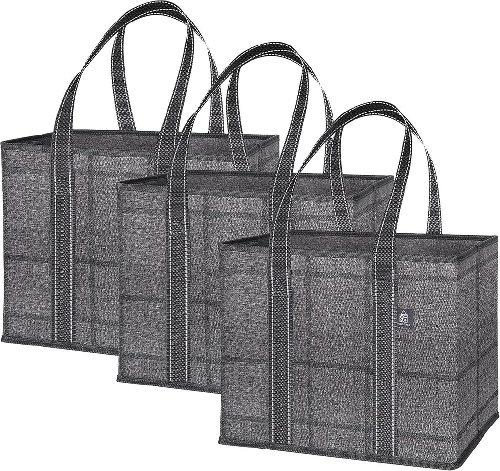 VENO Reusable Grocery Bags - Heavy-Duty Utility Tote with Handles & Hard Bottom | 3 Pack, Water Resistant, 6 Gallon