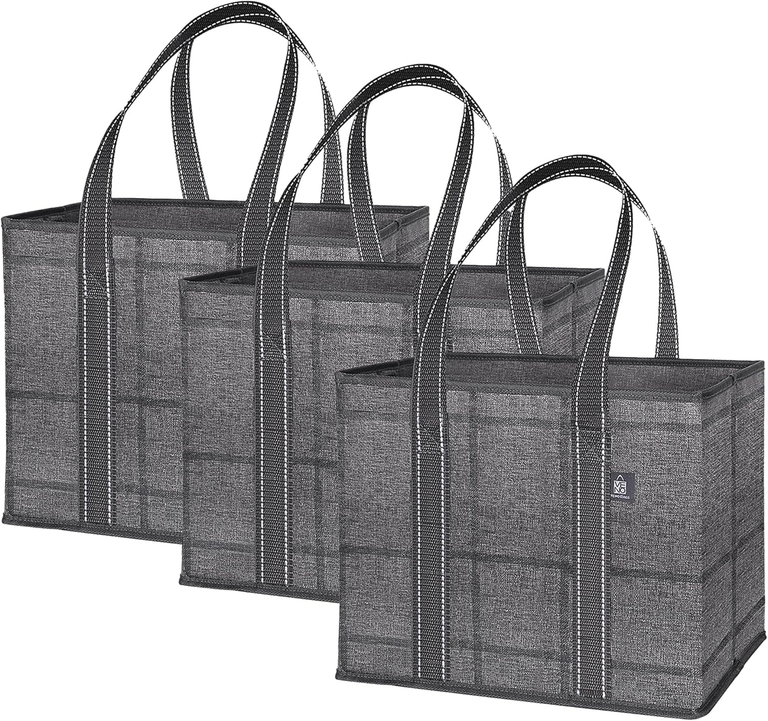 VENO Reusable Grocery Bags - Heavy-Duty Utility Tote with Handles & Hard Bottom | 3 Pack, Water Resistant, 6 Gallon