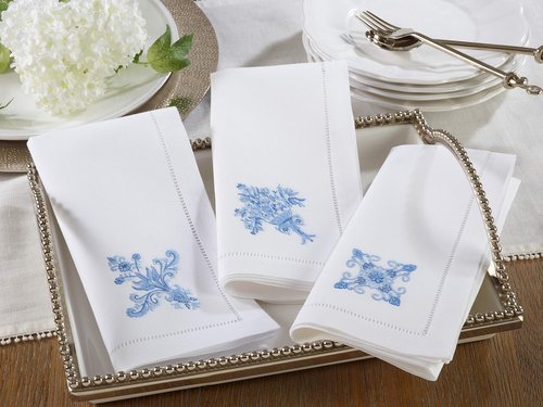 Handmade Floral Vase Embroidery Napkin with Hemstitched Border (Set of 6)