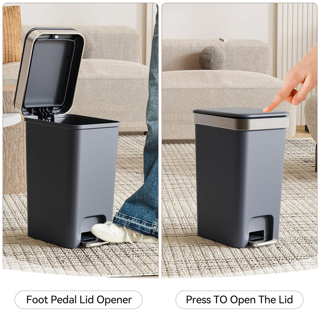 Regine Switzerland Slim Bathroom Trash Can - Soft Close Lid, 10L/2.6 Gallon, Modern Dark Gray Waste Basket