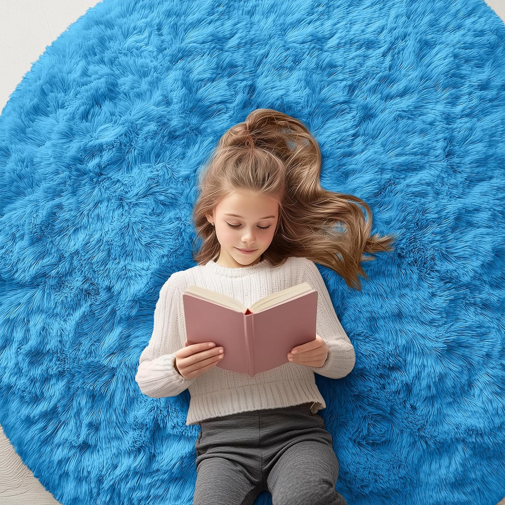 OLANLY Bright Blue Round Area Rug - Soft, Fluffy, Machine Washable 5 ft Circle Carpet for Bedroom & Living Room