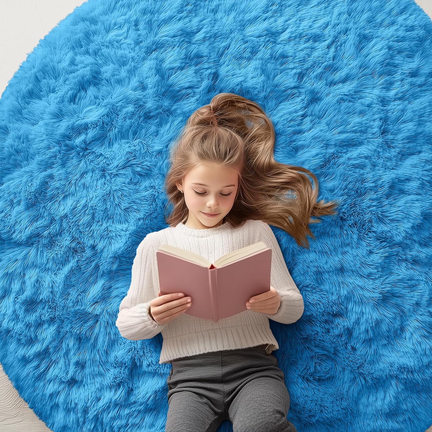 OLANLY Bright Blue Round Area Rug - Soft, Fluffy, Machine Washable 5 ft Circle Carpet for Bedroom & Living Room