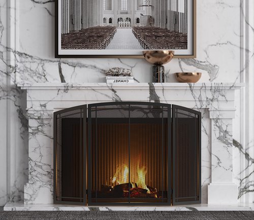 FireBeauty Fireplace Screen 3 Panel Wrought Iron Black Metal 48"(L) x30(H) Spark Guard Cover (Modern)