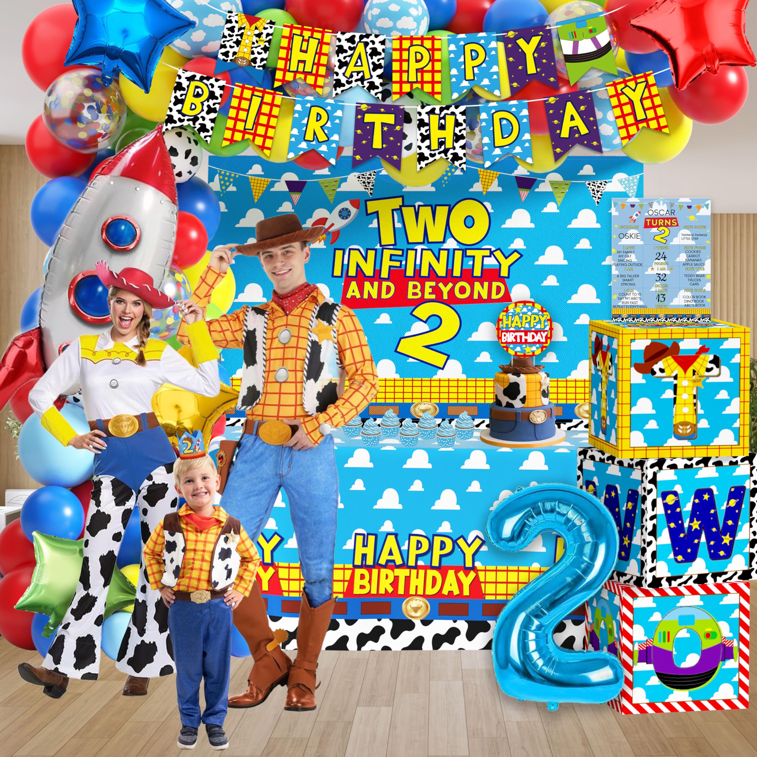 Two Infinity and Beyond Birthday Decorations Cartoon Story 2nd Birthday Party Supplies Include Balloon Arch Banner Backdrop Tablecloth Crown for Toy Themed Party Decor